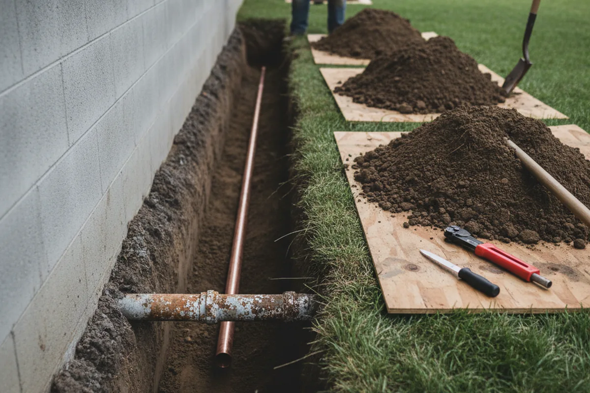 Excavated water line trench during Sewer Line Repair in Russell